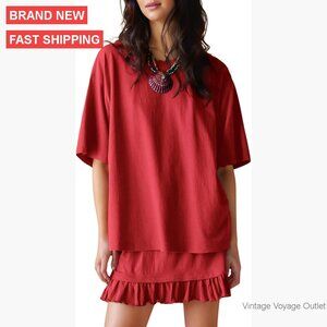 Summer 2 Piece Skirt Set Short Sleeve Top Pleated Skirt Loose Fit